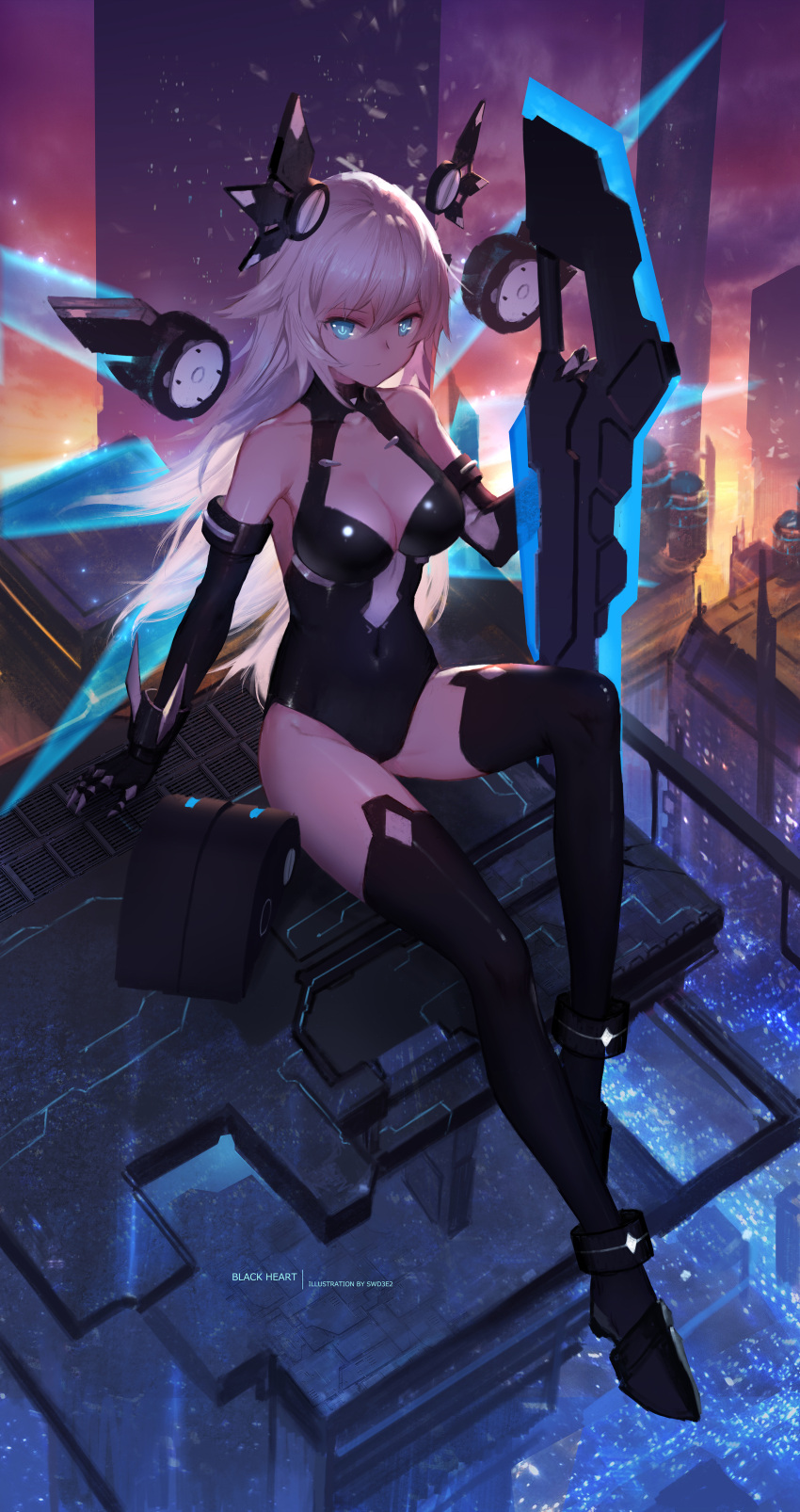 1girl absurdres arm_at_side artist_name backlighting bare_shoulders black_gloves black_heart black_legwear black_leotard blue_eyes breasts character_name choujigen_game_neptune city_lights cityscape cleavage cleavage_cutout closed_mouth commentary_request covered_navel detached_wings elbow_gloves female from_above full_body gloves glowing glowing_wings headgear highres holding holding_weapon huge_weapon knee_up leotard light_particles long_hair looking_at_viewer mechanical_wings medium_breasts neptune_(series) noire outdoors sitting skin_tight smile solo swd3e2 sword symbol-shaped_pupils thigh-highs thighs tsurime very_long_hair weapon white_hair wings