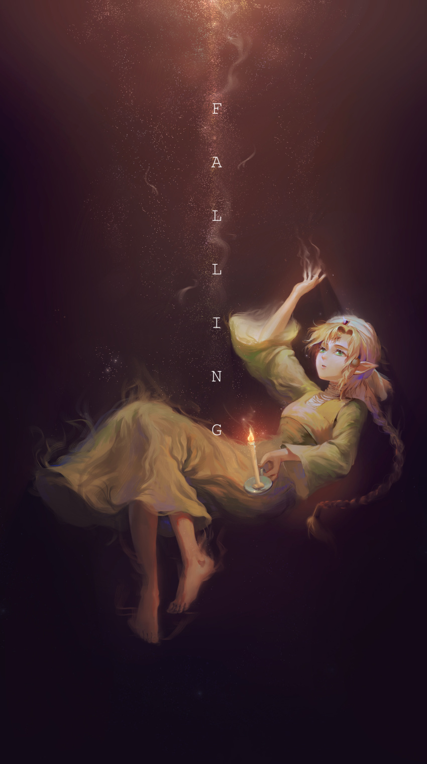 1girl arms_up blonde_hair braid candle character_request copyright_request english green_eyes highres long_hair looking_away looking_up solo yuket
