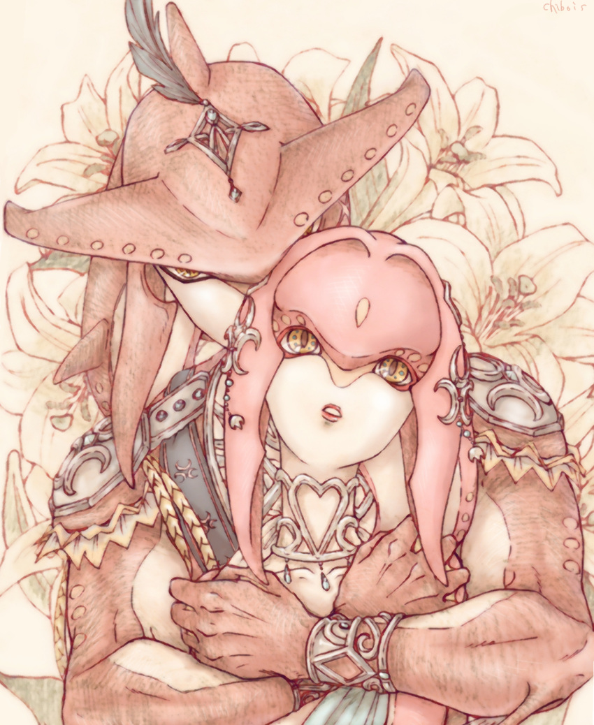 1boy 1girl brother_and_sister fins fish_girl fishman flower hair_ornament highres hug hug_from_behind jewelry lipstick looking_at_viewer makeup mipha muscle parted_lips siblings sidon the_legend_of_zelda the_legend_of_zelda:_breath_of_the_wild two-tone_skin upper_body yellow_eyes zora