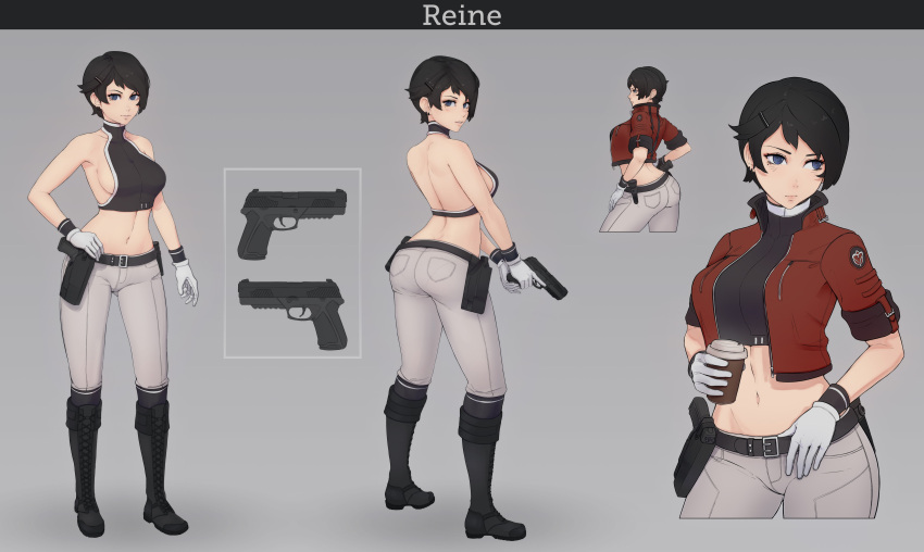 1girl absurdres ass bare_shoulders belt black_boots black_hair blue_eyes boots breasts commentary cropped_jacket cross-laced_footwear ear_piercing full_body gloves gluteal_fold gun hair_ornament hairclip handgun highres holster jacket lace-up_boots looking_at_viewer medium_breasts midriff navel original pants pantylines piercing short_hair sideboob simple_background solo trigger_discipline unsomnus weapon white_gloves