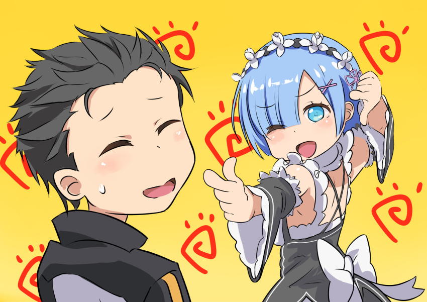 1boy 1girl ;d apron black_hair blue_hair braid emilia_(re:zero) engrish hair_over_one_eye kobayashi-san_chi_no_maidragon maid maid_apron maid_headdress natsuki_subaru one_eye_closed open_mouth parody ranguage re:zero_kara_hajimeru_isekai_seikatsu rem_(re:zero) short_hair smile tocbibi tochibi trait_connection twin_braids waist_apron