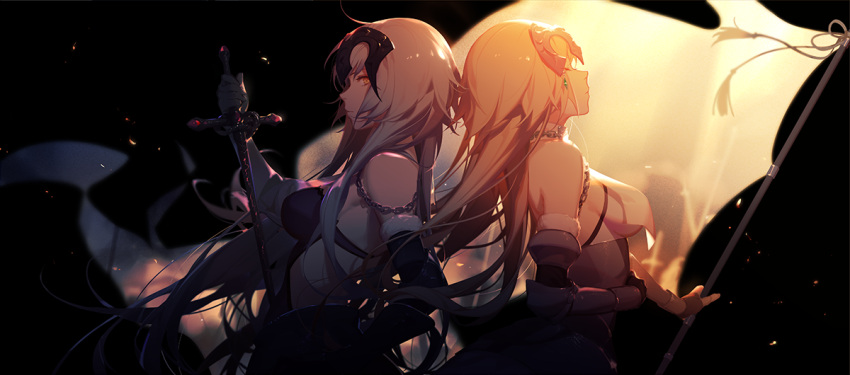 2girls armor armored_dress ask_(askzy) back-to-back black_background blonde_hair blurry breasts closed_eyes closed_mouth depth_of_field elbow_gloves fate/apocrypha fate/grand_order fate_(series) gauntlets gloves grey_hair headpiece holding holding_flag holding_sword holding_weapon jeanne_alter long_hair multiple_girls orange_eyes ruler_(fate/apocrypha) shiny shiny_hair shiny_skin sideboob simple_background standard_bearer sword upper_body vambraces weapon yellow_eyes