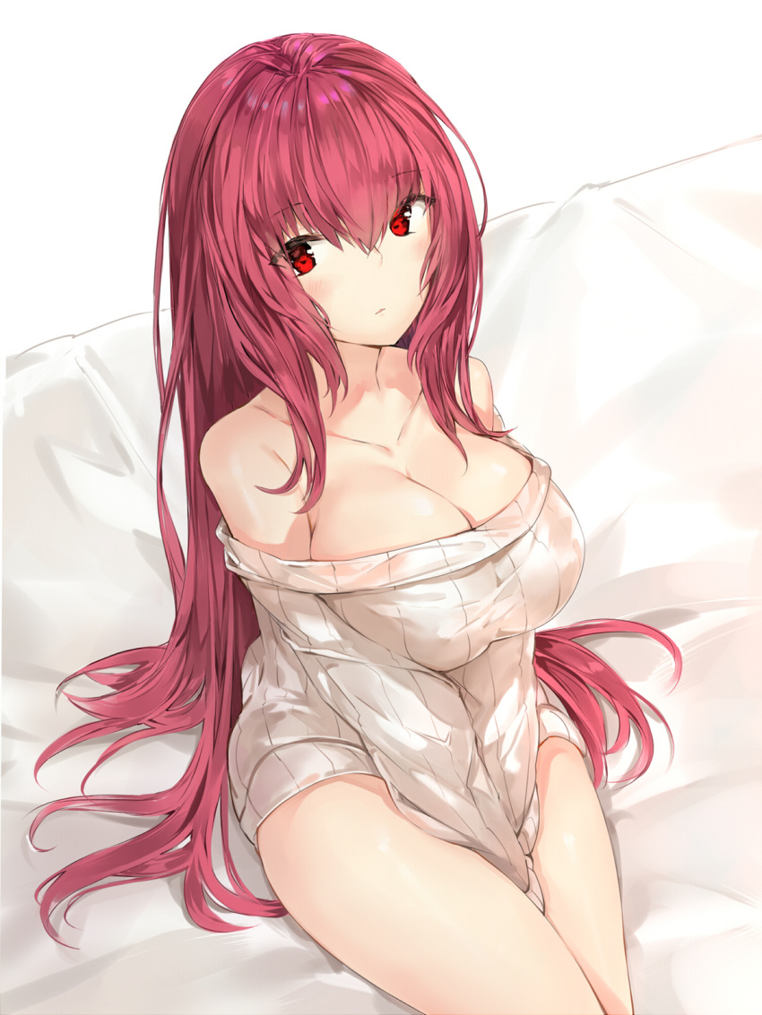 1girl bare_shoulders breasts cleavage collarbone eyebrows_visible_through_hair fate/grand_order fate_(series) highres large_breasts long_hair looking_at_viewer raised_eyebrows red_eyes redhead ribbed_sweater scathach_(fate/grand_order) silver_(chenwen) sitting solo sweater thighs turtleneck turtleneck_sweater v_arms very_long_hair