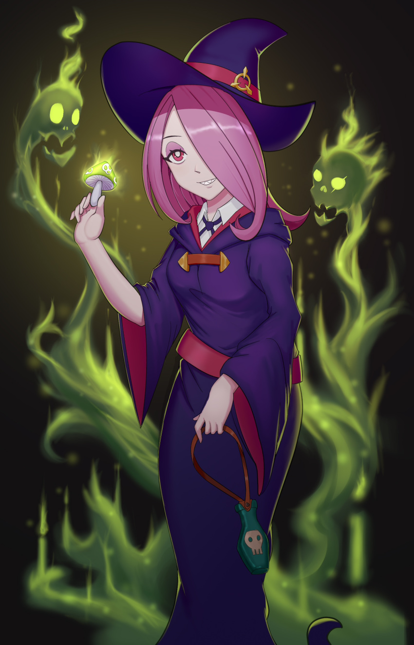 10s 1girl absurdres brown_hair hair_over_one_eye hat highres kokoala little_witch_academia long_hair red_eyes smile solo sucy_manbavaran witch_hat