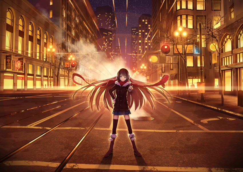 1girl black_legwear blue_eyes brown_coat brown_hair coat highres kami_(yoshipt0716) looking_at_viewer manhole_cover original red_scarf road_sign scarf sign smile solo thigh-highs