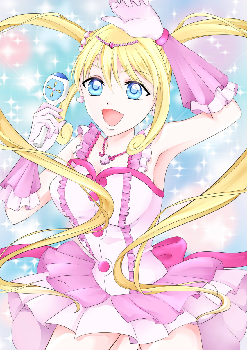 1girl absurdres blonde_hair blue_eyes bra dress flower hair_between_eyes hair_flower hair_ornament highres idol jewelry long_hair looking_at_viewer mermaid_melody_pichi_pichi_pitch microphone nanami_lucia pink_bra pink_dress ponytail shell_necklace smiley_face underwear
