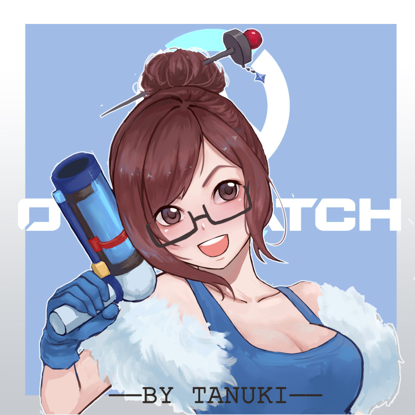 :d absurdres artist_name bad_perspective beads black-framed_eyewear blue_gloves blue_shirt breasts brown_eyes brown_hair cleavage copyright_name glasses gloves hair_bun hair_ornament hair_stick highres holding holding_weapon large_breasts looking_at_viewer mei_(overwatch) open_mouth overwatch shirt short_hair smile tank_top tanuki_(675252682) upper_body weapon