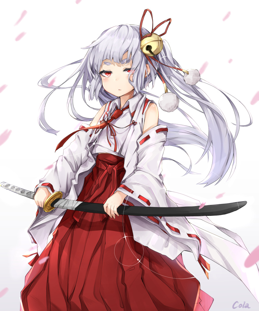 absurdres artist_name bare_shoulders bell black_cola blush busou_shoujo_machiavellism cherry_blossoms detached_sleeves hair_bell hair_ornament highres holding holding_weapon inaba_tsukuyo japanese_clothes long_hair looking_at_viewer miko petals red_eyes sheath silver_hair sword twintails weapon white_background wide_sleeves