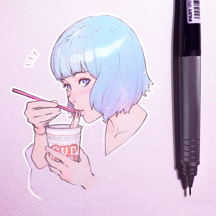 1girl blue_eyes blue_hair chopsticks eating food ilya_kuvshinov looking_at_viewer mechanical_pencil noodles original pencil photo ramen short_hair simple_background solo