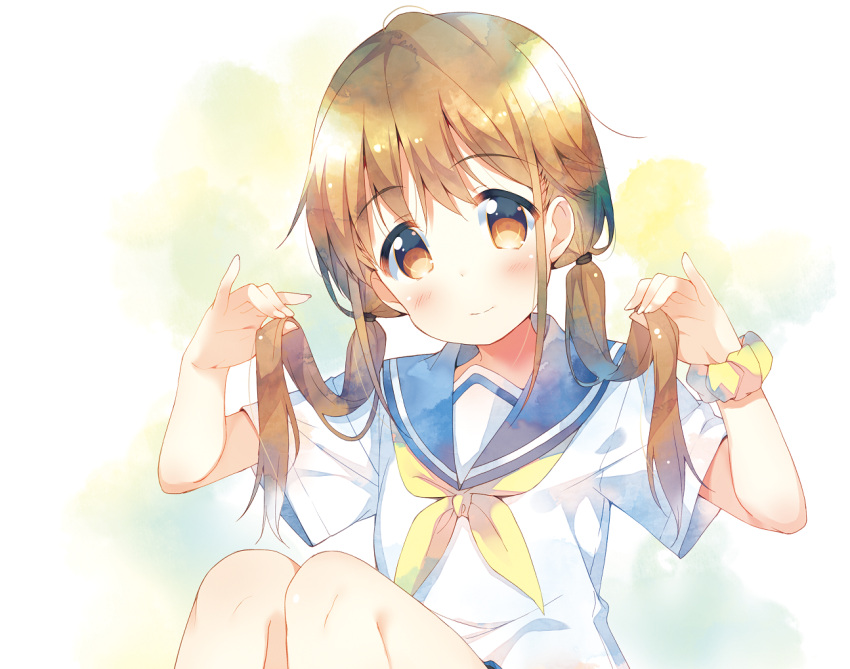 1girl bangs blush brown_eyes brown_hair closed_mouth eyebrows_visible_through_hair hand_holding hands_up legs_together light_smile long_hair looking_at_viewer low_twintails meito_(maze) neckerchief original school_uniform scrunchie serafuku short_sleeves sitting smile solo tareme twintails upper_body wrist_scrunchie yellow_neckerchief