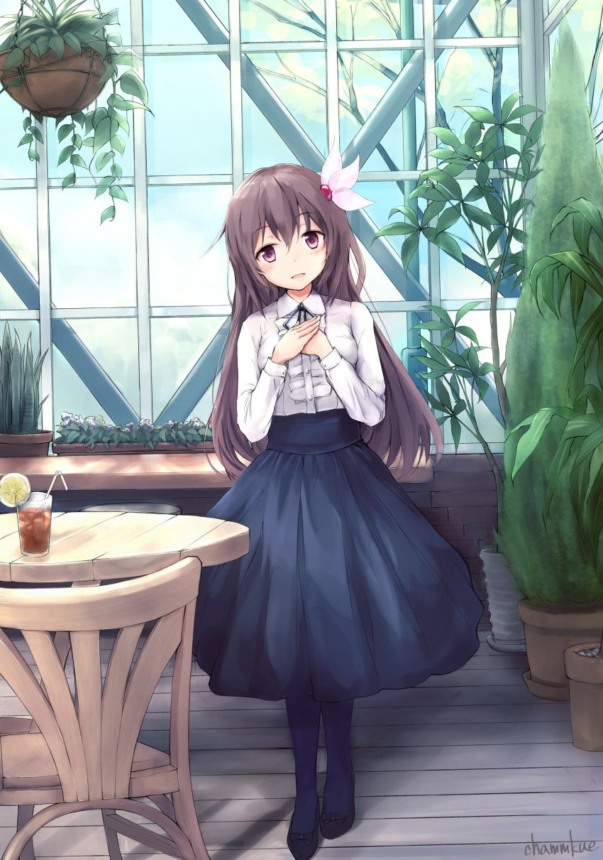 1girl absurdres artist_name bangs black_shoes black_skirt blouse blue_legwear brown_eyes brown_hair center_frills chair chamu_(chammkue) cup dress drink drinking_glass drinking_straw flower_pot food fruit glass hair_ornament hand_on_own_chest hands_together head_tilt high-waist_skirt highres indoors kantai_collection kisaragi_(kantai_collection) lemon lemon_slice long_hair long_sleeves looking_at_viewer meme_attire pantyhose parted_lips plant potted_plant scenery shoes signature skirt solo standing table virgin_killer_outfit w_arms white_blouse window