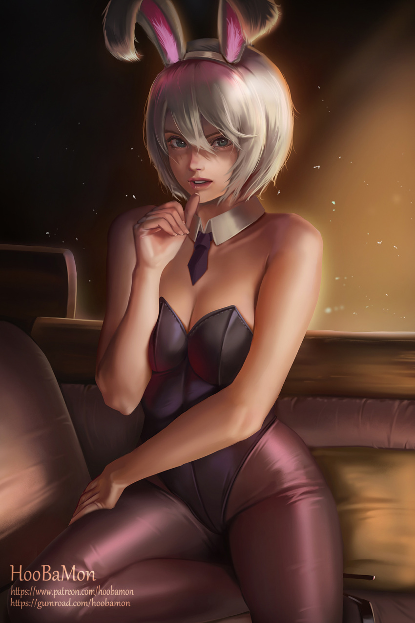 1girl bare_shoulders battle_bunny_riven blue_eyes breast_squeeze breasts bunnysuit cleavage couch detached_collar embers highres hoo_bamon league_of_legends looking_at_viewer medium_breasts pantyhose short_hair sitting solo thumb_to_mouth white_hair