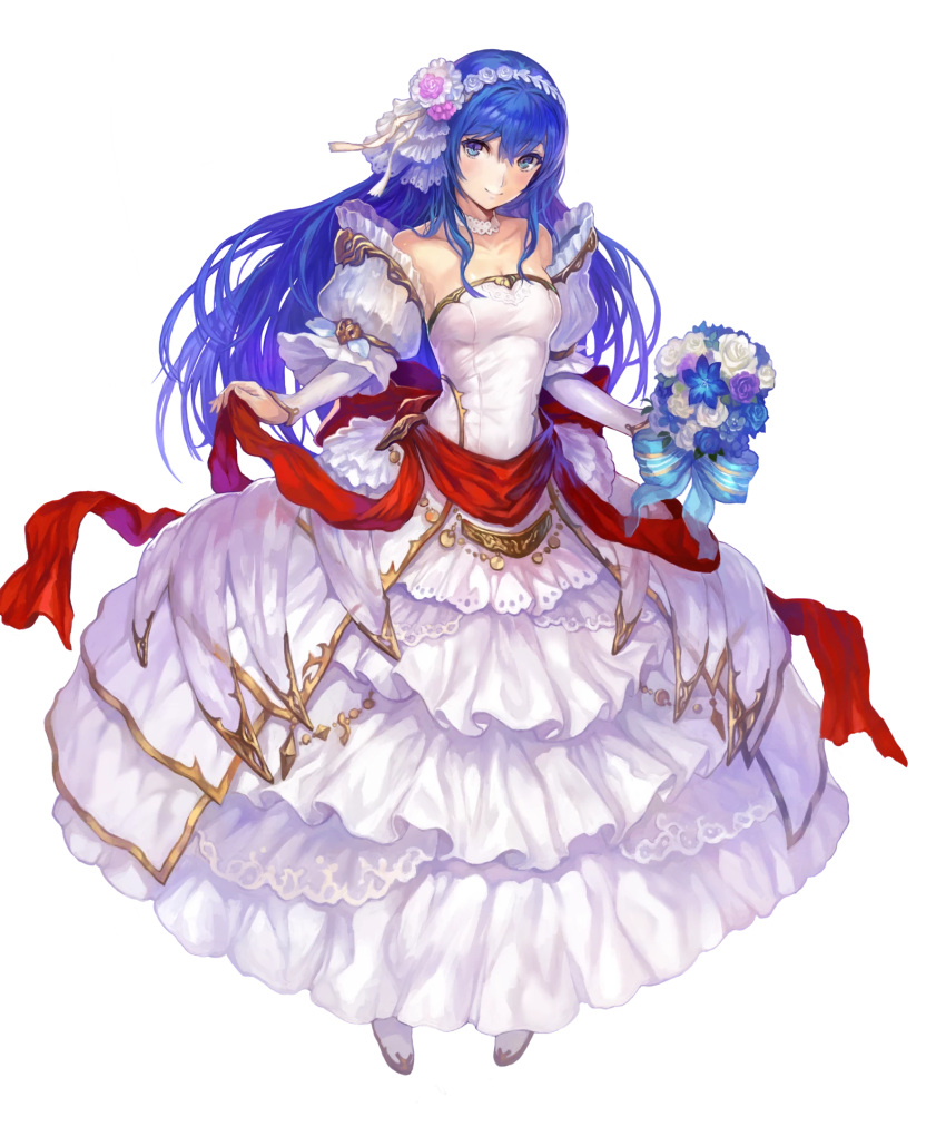 1girl bangs bare_shoulders blue_eyes blue_hair bouquet breasts bridal_gauntlets collarbone detached_collar dress eyebrows_visible_through_hair fire_emblem fire_emblem:_mystery_of_the_emblem fire_emblem_heroes flower full_body hair_flower hair_ornament hairband highres holding long_hair looking_at_viewer medium_breasts official_art sakai_yoshikuni sheeda sleeveless sleeveless_dress smile solo standing transparent_background wedding_dress white_dress