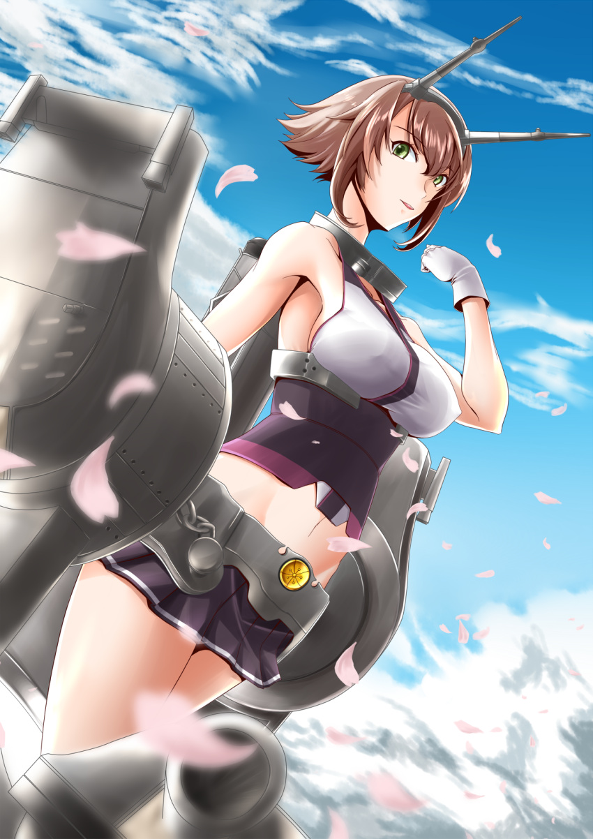 1girl arm_at_side bangs black_skirt breasts brown_hair cherry_blossoms clouds collar dutch_angle flipped_hair focused gloves green_eyes halterneck headgear highres kantai_collection kiriki_haruomi large_breasts looking_at_viewer metal_belt midriff mutsu_(kantai_collection) navel parted_lips pleated_skirt raised_fist short_hair sideboob skirt sky solo standing striped striped_skirt thighs turret white_gloves