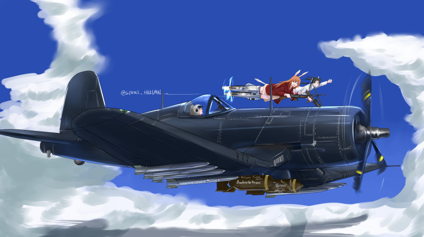 aircraft airplane animal_ears bomb breasts camouflage cat_ears charlotte_e_yeager clouds engrish f4u_corsair flying francesca_lucchini gun hakumai highres holding holding_weapon long_hair m1918_bar machine_gun military military_vehicle missiles open_mouth original pilot pilot_helmet rabbit_ears ranguage smile strike_witches striker_unit teeth thumbs_up weapon world_witches_series