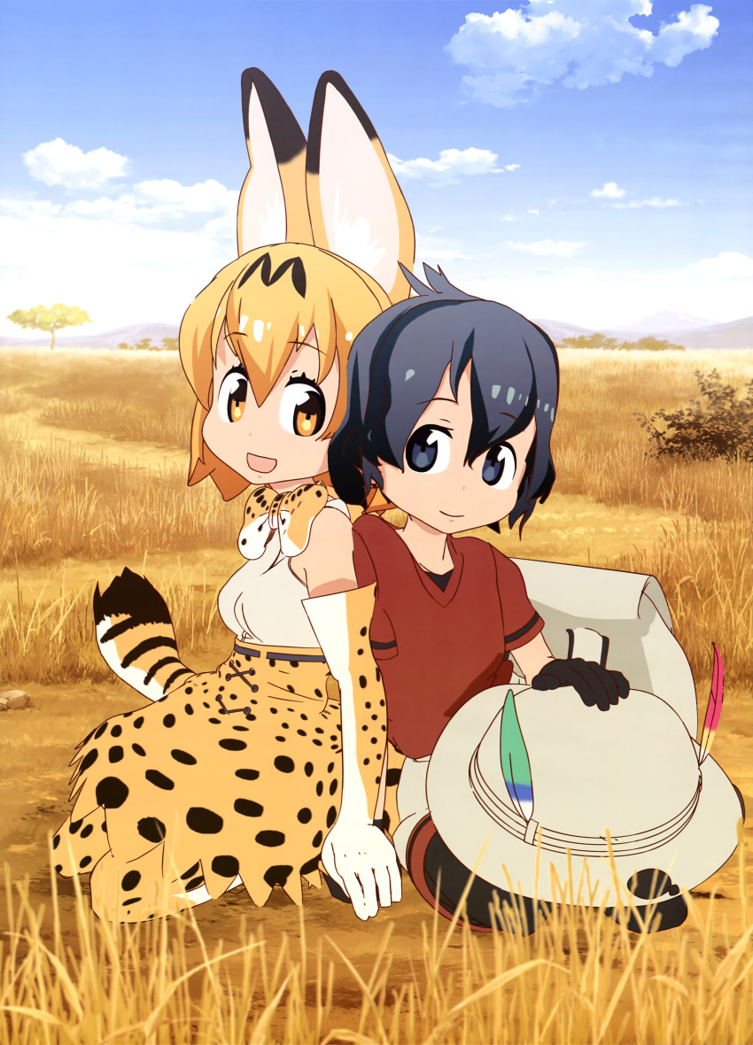 2girls absurdres animal_ears artist_request backpack bag black_eyes black_gloves black_hair blue_sky bucket_hat clouds cross-laced_clothes day elbow_gloves fur_collar gloves grass hair_between_eyes hat hat_feather high-waist_skirt highres kaban_(kemono_friends) kemono_friends multiple_girls nyantype official_art open_mouth outdoors red_shirt savannah serval_(kemono_friends) serval_ears serval_print serval_tail shirt short_hair shorts sitting skirt sky sleeveless sleeveless_shirt smile striped_tail tail thigh-highs tree wavy_hair