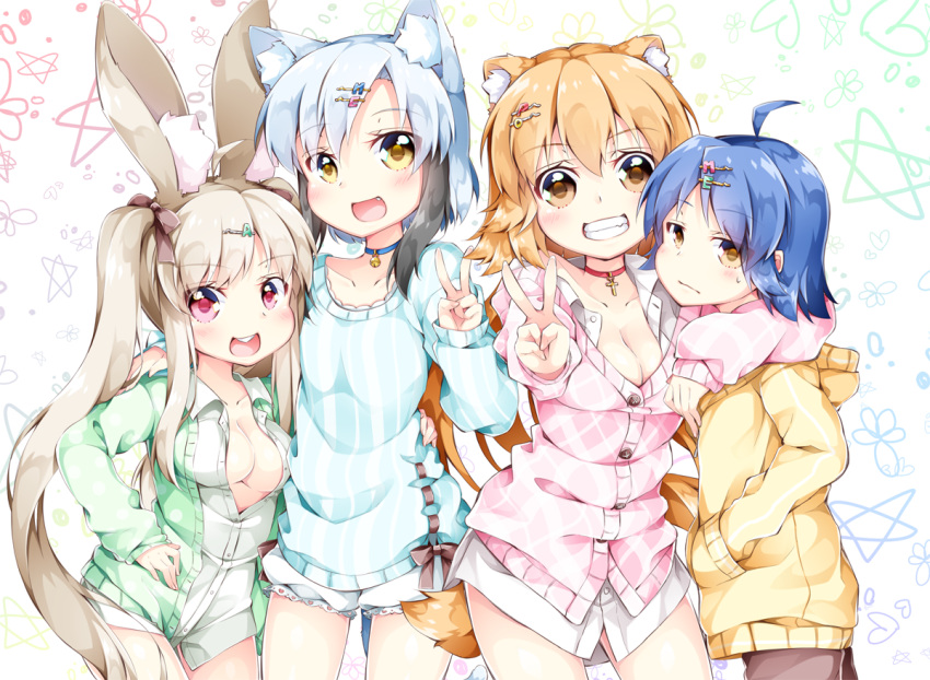 4girls ahoge animal_ears arm_around_shoulder bell bell_choker black_hair black_ribbon blue_choker blue_hair blue_sweater breasts brown_eyes brown_hair buttons cat_ears choker cleavage collarbone commentary_request cross eyebrows_visible_through_hair eyes_visible_through_hair fang green_sweater grin hair_ornament hairclip hand_in_pocket hand_on_hip inumine_aya long_hair looking_at_viewer medium_breasts multicolored_hair multiple_girls no_pants off_shoulder open_clothes open_mouth open_shirt original pink_sweater pose rabbit_ears red_choker red_eyes ribbon ribbon-trimmed_sweater shirt short_hair smile standing striped striped_sweater sweatdrop sweater teeth v very_long_hair white_shirt yellow_eyes yellow_hoodie