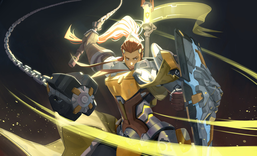 1girl armor backlighting brigitte_(overwatch) commentary flail forehead full_armor hair_ornament hairclip highres holding holding_weapon long_hair making_of nesskain overwatch ponytail shield sidelocks solo weapon
