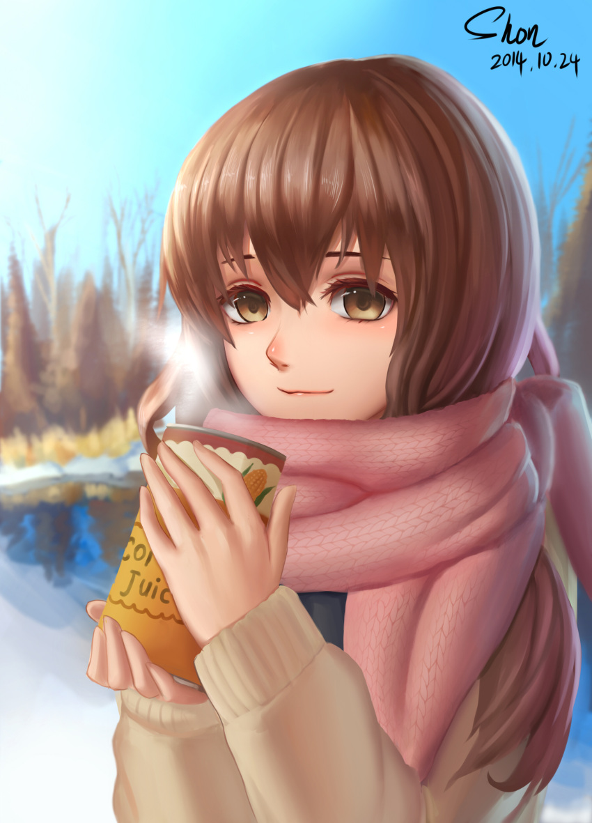 1girl absurdres blush brown_coat brown_eyes brown_hair can coat highres holding holding_can looking_at_viewer original pink_scarf scarf shon short_hair smile snow solo steam winter_clothes winter_coat