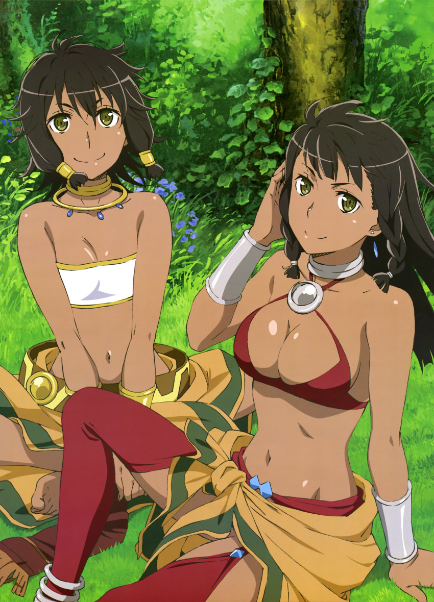 2girls absurdres adjusting_hair anklet arm arm_support armlet artist_request bare_arms bare_shoulders barefoot bikini_top black_hair bracelet bracer braid breasts c: choker cleavage closed_mouth criss-cross_halter dark_skin dungeon_ni_deai_wo_motomeru_no_wa_machigatteiru_darou_ka feet female flat_chest grass green_eyes hair_between_eyes hand_on_own_cheek hands_on_feet hat highres indian_style jewelry large_breasts long_hair looking_at_viewer midriff multiple_girls nature navel neck neck_ring necklace nyantype official_art on_floor on_grass outdoors red_legwear revealing_clothes sarong scan shiny shiny_hair shiny_skin short_hair siblings sisters sitting smile strapless sword_oratoria tiona_hyryute tione_hyryute toes tree tubetop twins v_arms white_tubetop