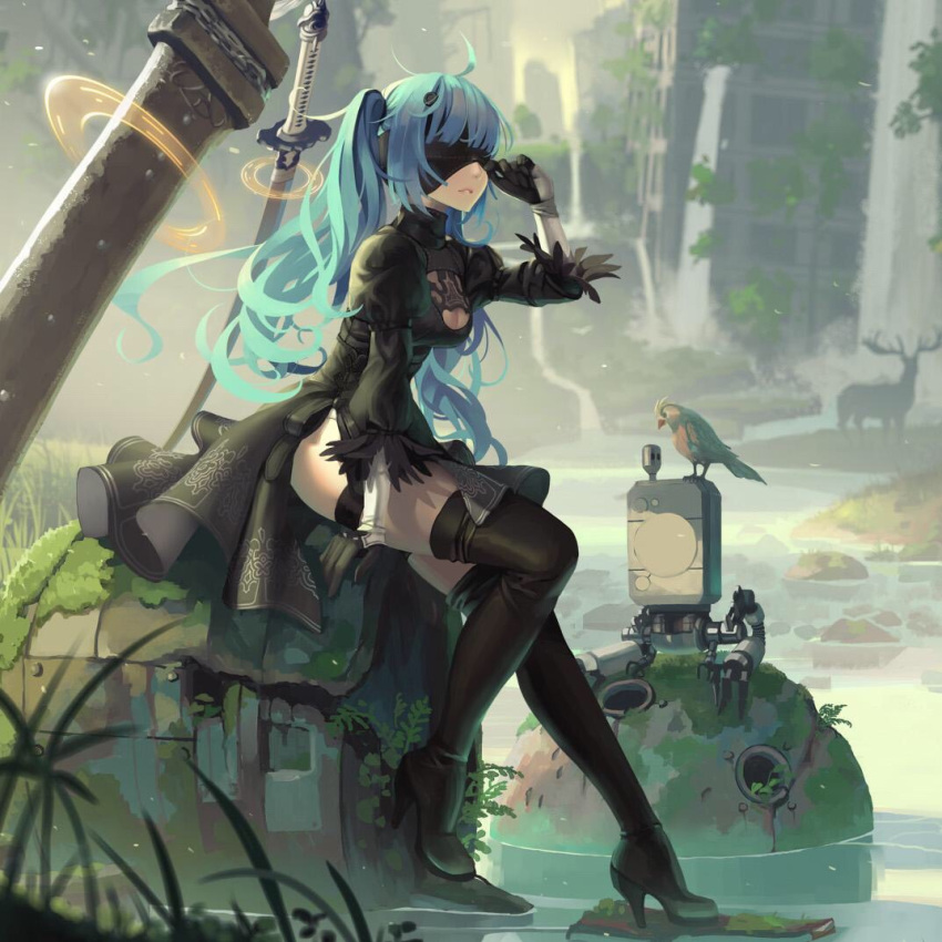 1girl ai-chan_(playstation) animal aqua_hair bird black_dress black_gloves black_legwear blindfold boots breasts cosplay deer dress from_side full_body gloves high_heels long_hair medium_breasts nier_(series) nier_automata outdoors ruins sitting solo sony sword thigh-highs thigh_boots twintails vofan water weapon yorha_no._2_type_b yorha_no._2_type_b_(cosplay)