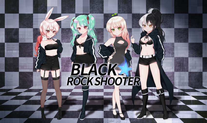 4girls aqua_hair artist_request black_rock_shooter black_rock_shooter_(cosplay) character_request cosplay hatsune_miku highres long_hair multiple_girls