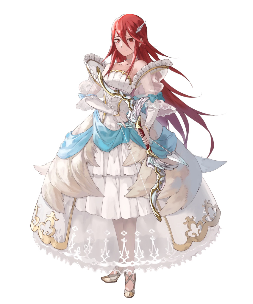 1girl arrow bangs bare_shoulders bow_(weapon) breasts bridal_gauntlets collarbone dress fire_emblem fire_emblem:_kakusei fire_emblem_heroes frills full_body hair_ornament high_heels highres holding holding_weapon jewelry long_hair looking_at_viewer mayo_(becky2006) medium_breasts necklace official_art pearl_necklace red_eyes redhead ribbon sleeveless sleeveless_dress smile solo cordelia_(fire_emblem) transparent_background weapon wedding_dress white_dress