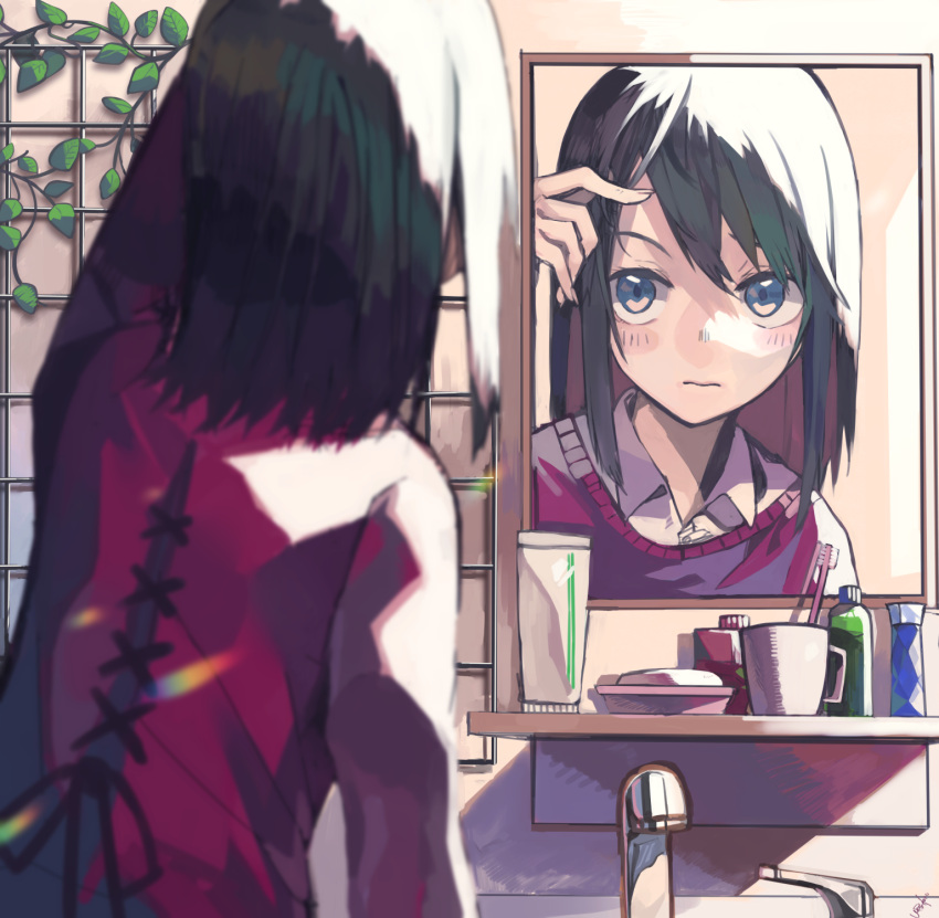 1girl black_hair blue_eyes blush faucet highres looking_at_mirror mirror original plant red_sweater short_hair sink solo sweater_vest toothbrush toothpaste ukimesato vines