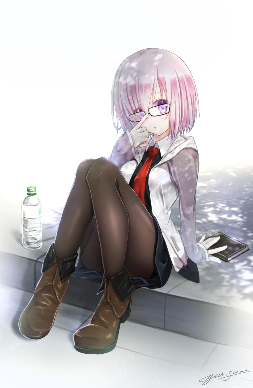 1girl adjusting_glasses arm_support black_skirt book boots bottle brown_boots convenient_leg day fate_(series) glasses highres jacket looking_at_viewer miniskirt necktie outdoors pantyhose pink_hair red_necktie shielder_(fate/grand_order) short_hair signature skirt solo violet_eyes water_bottle yuitsuki1206