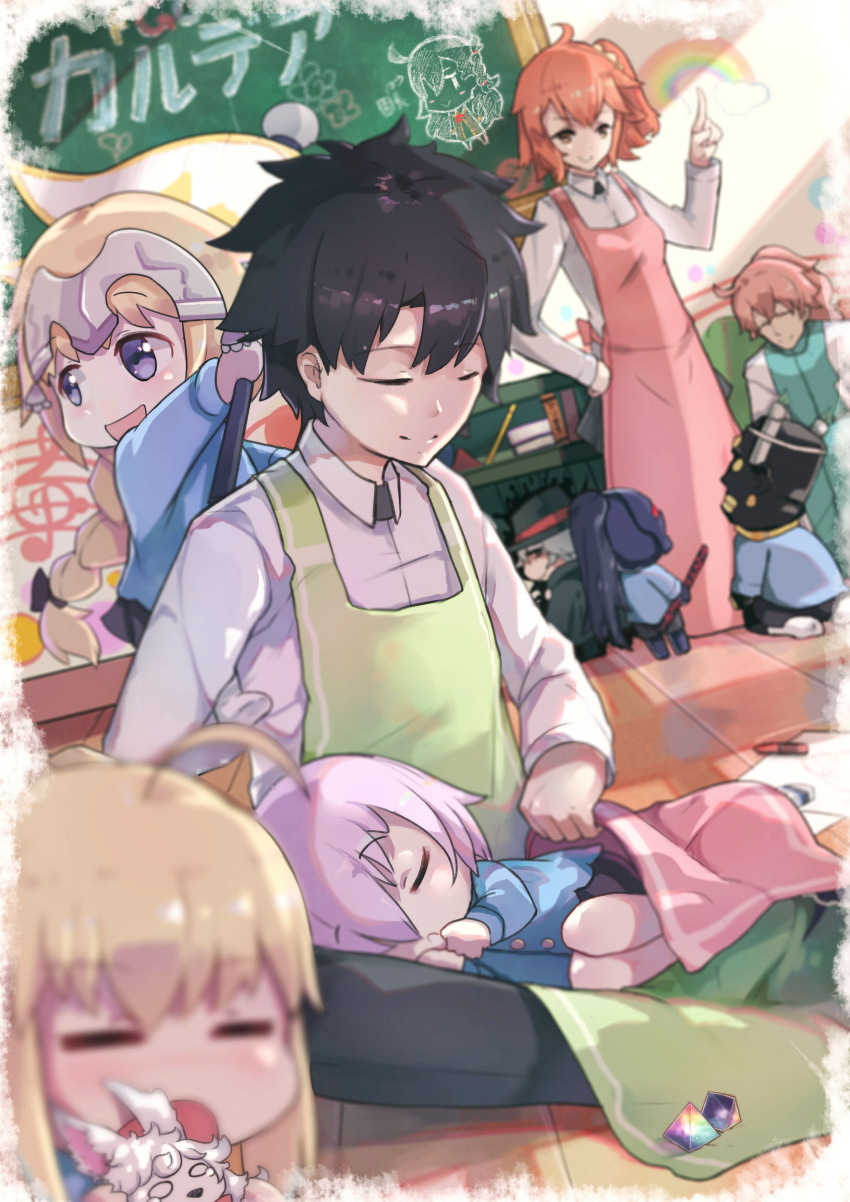 4boys 5girls absurdres ahoge apron berserker_(fate/zero) black_hair black_hat blanket blonde_hair blue_eyes blush braid chalkboard chibi child closed_eyes darius_iii_(fate/grand_order) edmond_dantes_(fate/grand_order) fate/apocrypha fate/grand_order fate_(series) fou_(fate/grand_order) fujimaru_ritsuka_(female) fujimaru_ritsuka_(male) grey_hair hand_on_hip hat headpiece highres index_finger_raised long_hair looking_at_another multiple_boys multiple_girls olga_marie open_mouth orange_hair pantie_painting pink_apron purple_hair romani_akiman ruler_(fate/apocrypha) saber seiza shielder_(fate/grand_order) short_hair side_ponytail sitting smile yellow_eyes younger