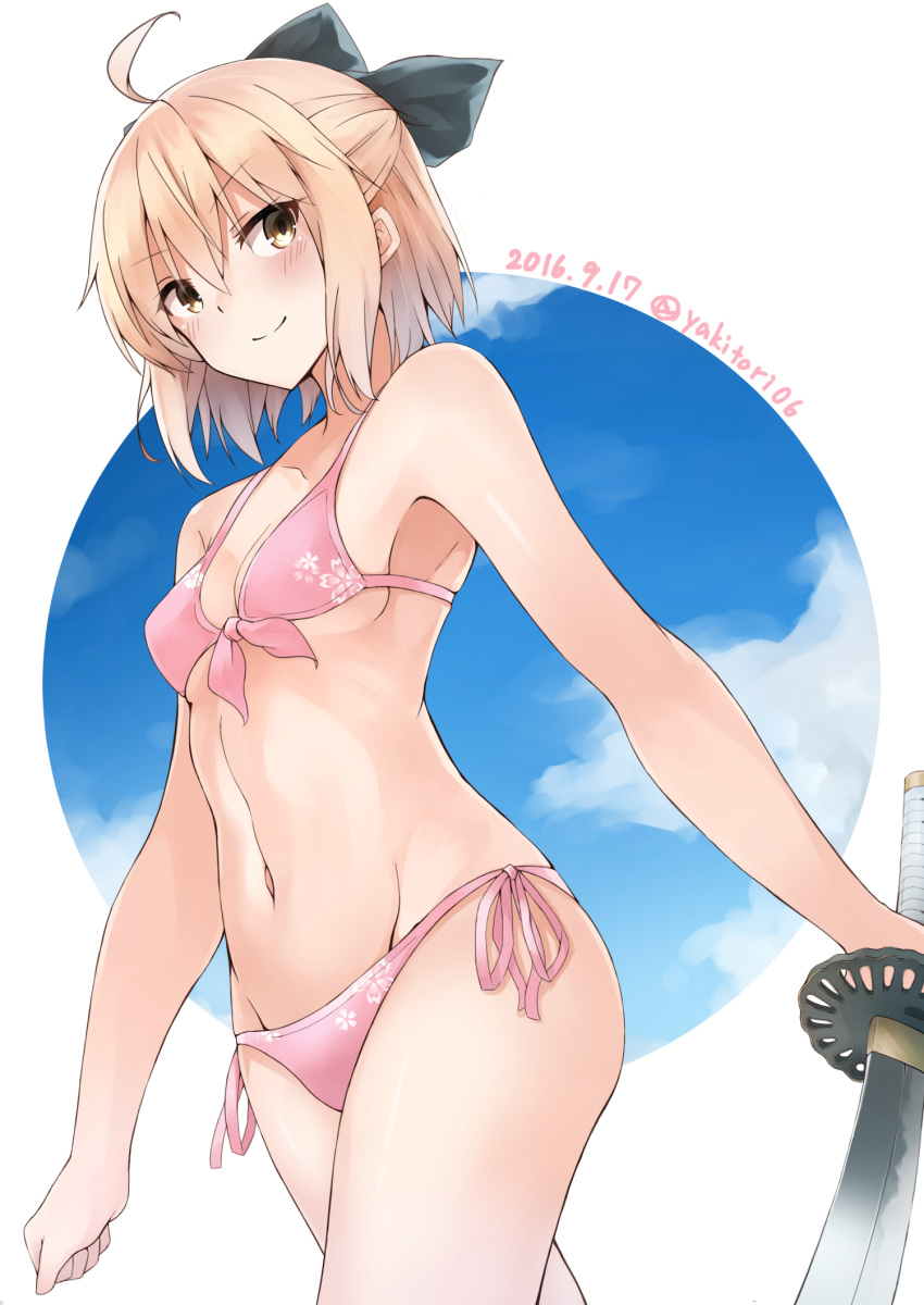 ahoge armpits bikini black_bow blonde_hair blush bow breasts clouds collarbone commentary_request dated day fate_(series) front-tie_top hair_bow highres holding holding_sword holding_weapon katana navel pink_bikini sakura_saber short_hair side-tie_bikini sidelocks small_breasts smile solo standing swimsuit sword twitter_username weapon yakitori_(yakitori06) yellow_eyes