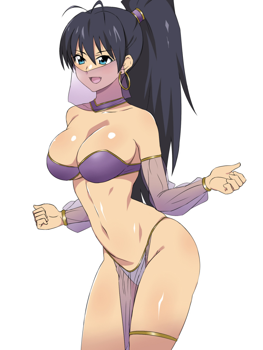 1girl :d alternate_costume arabian_clothes armlet ass bare_legs bare_shoulders black_hair blue_eyes bracelet breasts choker cleavage collarbone detached_sleeves earrings fang female ganaha_hibiki hair_between_eyes half_mask harem_outfit highres hoop_earrings idolmaster jewelry kagemusha large_breasts legs long_hair mask midriff navel neck open_mouth pelvic_curtain ponytail purple_choker purple_detached_sleeves see-through simple_background smile solo standing strapless thighlet veil very_long_hair white_background