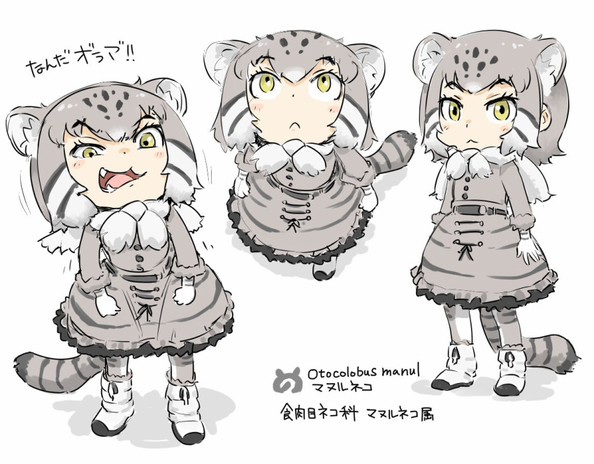 :&lt; :3 animal_ears boots cat_ears cat_tail chibi fangs full_body gloves grey_hair kemono_friends long_sleeves multicolored_hair ohyo pallas's_cat_(kemono_friends) short_hair skirt streaked_hair striped_tail tail