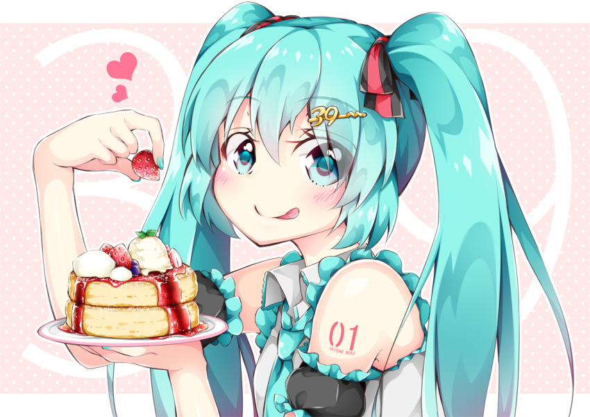 1girl 39 aqua_eyes aqua_hair aqua_nails aqua_necktie bare_shoulders blush commentary_request eyebrows_visible_through_hair eyes_visible_through_hair food frilled_sleeves frills fruit hair_ornament hair_ribbon hairclip hatsune_miku heart holding holding_food holding_plate inumine_aya jam long_hair looking_at_viewer multicolored multicolored_ribbon nail_polish necktie pancake plate ribbon solo strawberry tongue tongue_out twintails upper_body vocaloid