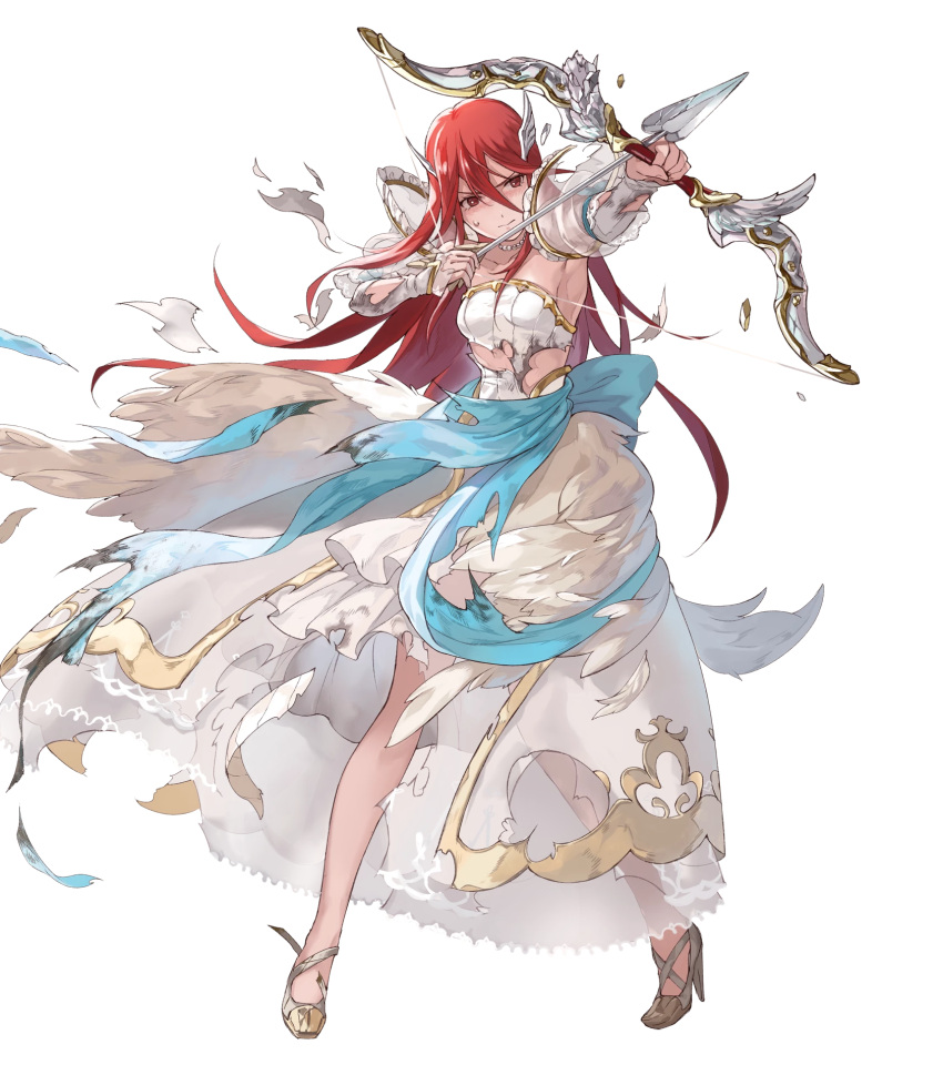 1girl armpits arrow bangs bow_(weapon) breasts bridal_gauntlets broken broken_weapon collarbone dress fire_emblem fire_emblem:_kakusei fire_emblem_heroes full_body hair_ornament high_heels highres holding holding_weapon jewelry long_hair looking_away mayo_(becky2006) medium_breasts necklace official_art pearl_necklace red_eyes redhead serious solo cordelia_(fire_emblem) torn_clothes transparent_background weapon wedding_dress white_dress