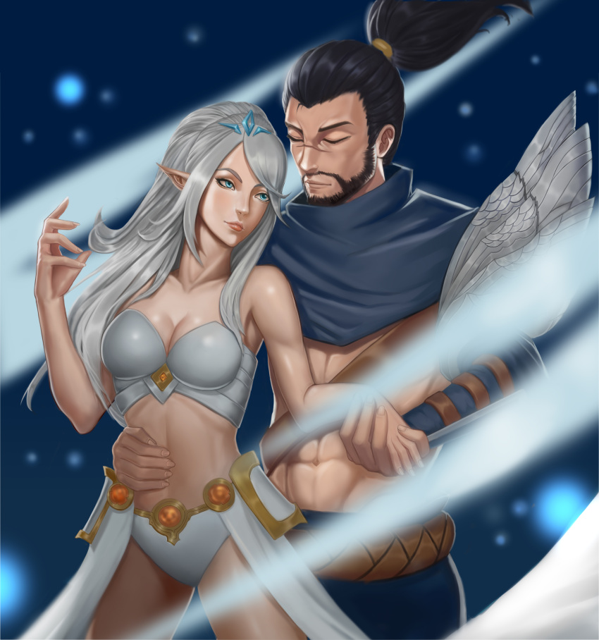 1boy 1girl abs absurdres black_hair blue_eyes capelet closed_eyes facial_hair hand_holding hetero highres janna_windforce kokoala league_of_legends long_hair midriff muscle pointy_ears ponytail scar standing white_hair yasuo_(league_of_legends)