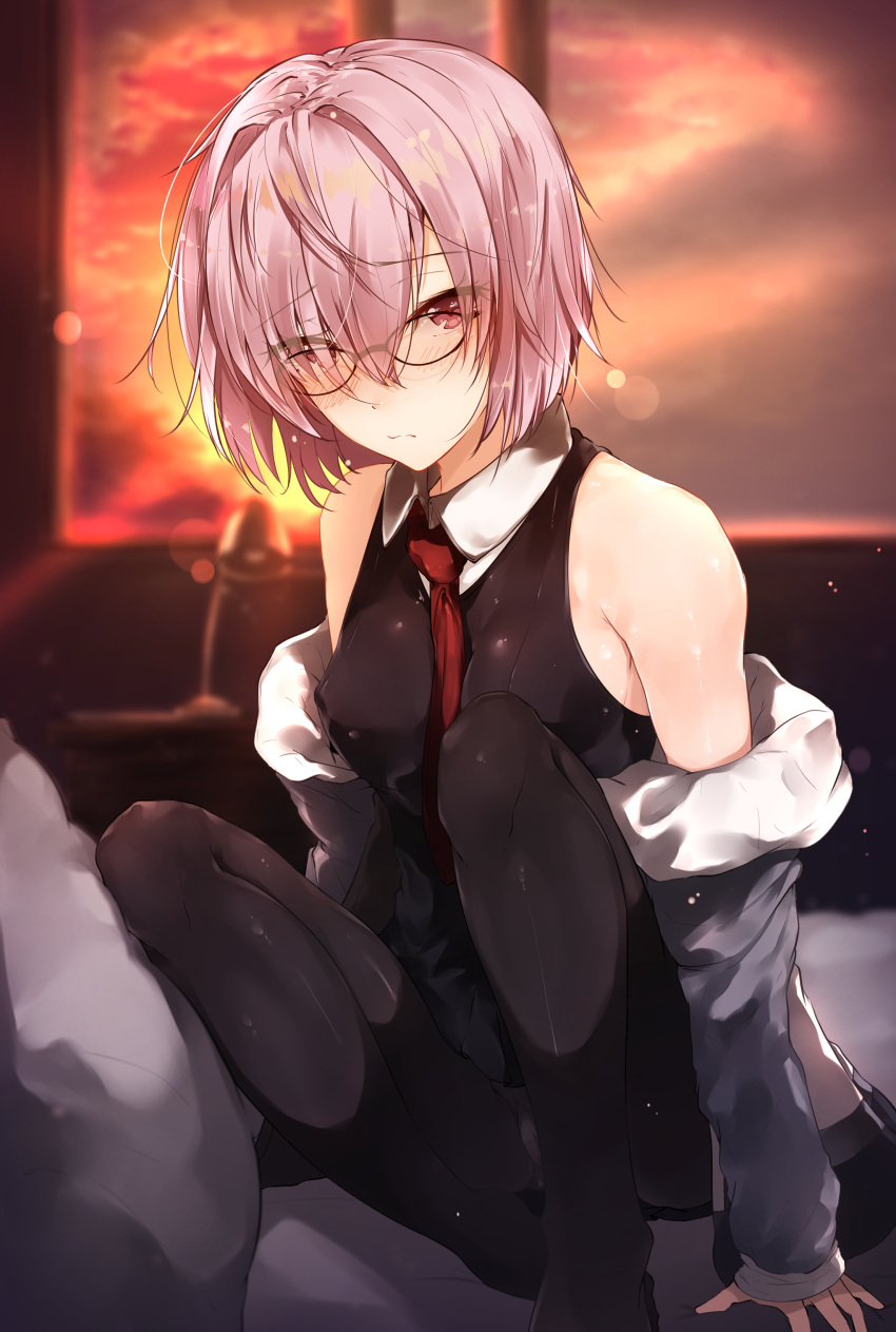 1girl absurdres arm_support bare_shoulders between_breasts black_legwear black_vest blurry blurry_background blush bokeh breasts closed_mouth collared_vest depth_of_field detached_sleeves evening eyebrows_visible_through_hair eyes_visible_through_hair fate/grand_order fate_(series) glasses hair_over_one_eye highres hplay indoors jacket knees_up legs light_particles long_sleeves looking_at_viewer medium_breasts necktie necktie_between_breasts off_shoulder open_clothes open_jacket panties pantyhose pantyshot purple_hair red_necktie shielder_(fate/grand_order) shiny shiny_hair short_hair sitting sleeves_past_wrists solo sunset underwear vest violet_eyes wavy_mouth white_panties