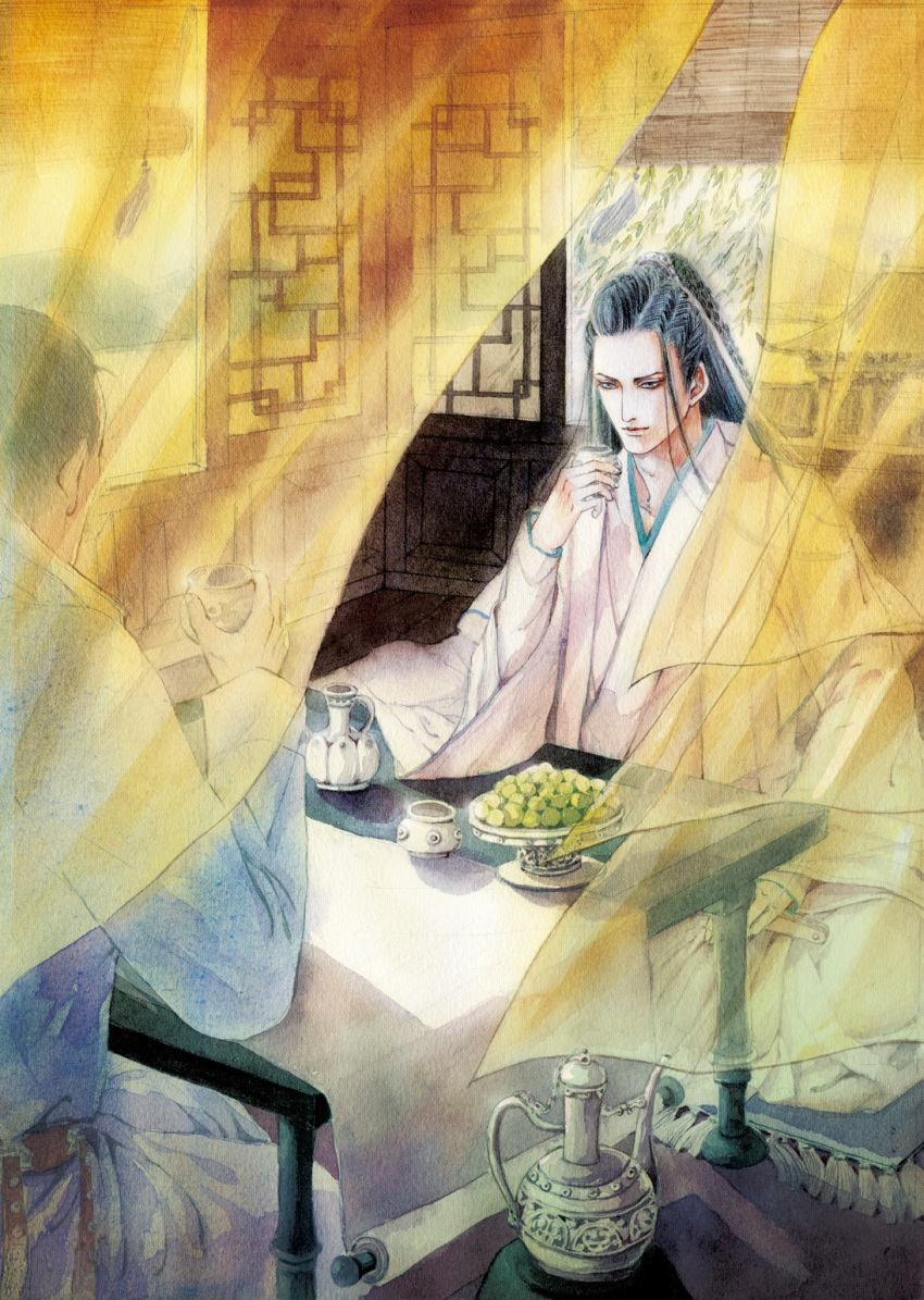 2boys architecture black_hair braid cup curtains east_asian_architecture elbows_on_table fan food grey_eyes highres indoors lan_wen_xuan male_focus multiple_boys paper_fan scroll sitting table wide_sleeves window