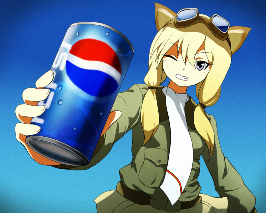 1girl animal_ears blonde_hair blush can carla_j_luksic film_grain foreshortening goggles goggles_on_head grin holding long_hair looking_at_viewer looking_down low-tied_long_hair military military_uniform one_eye_closed pepsi scarf shiratama_(hockey) sky smile solo strike_witches twintails uniform upper_body violet_eyes world_witches_series