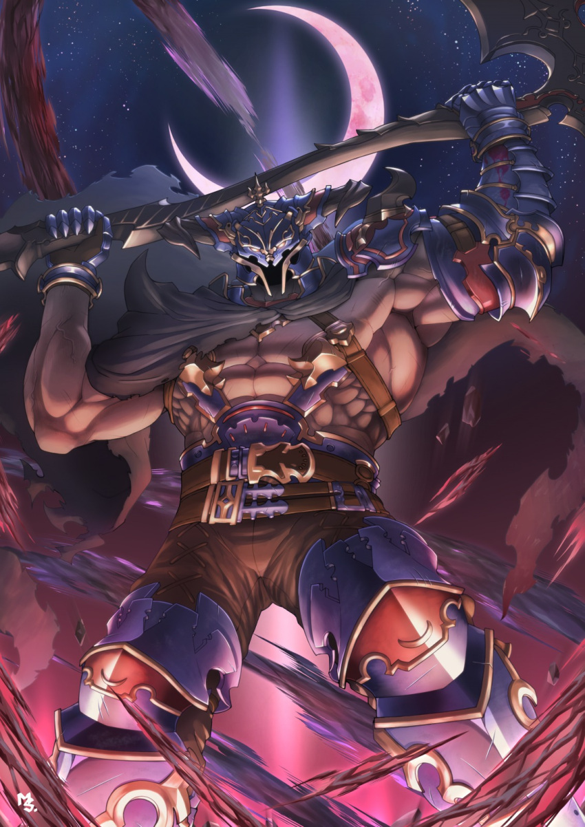 1boy abs armor armored_boots axe blood boots cape doraf doraf_(granblue_fantasy) gloves glowing glowing_eyes granblue_fantasy helmet highres horns male_focus moon muscle musou_luf night night_sky shirtless sky solo star_(sky) vaseraga vaseraga_(granblue_fantasy) weapon