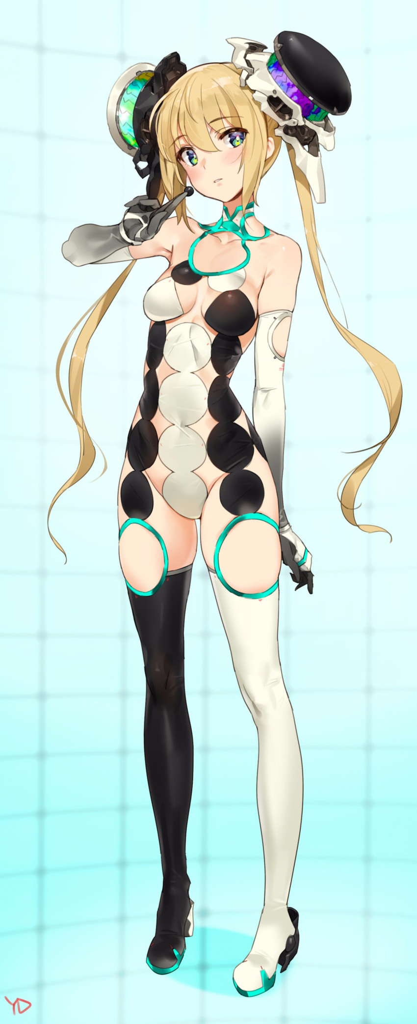 1girl absurdres alpha_go alphago arm_up asymmetrical_legwear blonde_hair blue_eyes breasts bright_pupils elbow_gloves full_body gloves google hair_ornament highres looking_at_viewer mecha_musume parted_lips personification revealing_clothes small_breasts thigh-highs twintails yang-do