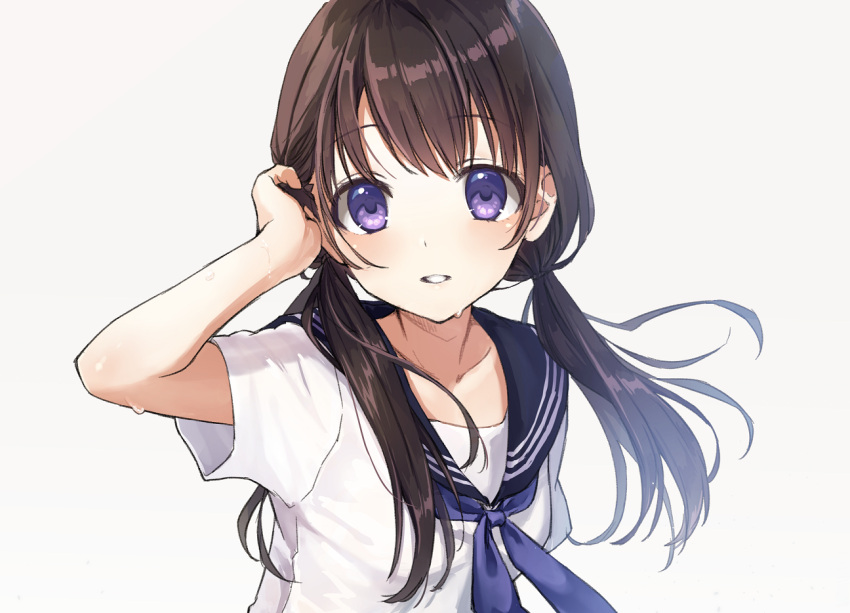 1girl arm_up bangs blue_neckerchief blush brown_hair collarbone eyebrows_visible_through_hair grey_background hand_in_hair light_smile long_hair looking_at_viewer low_twintails neckerchief original parted_lips rimo_(cotton_leaf) short_sleeves simple_background smile solo teeth twintails upper_body violet_eyes