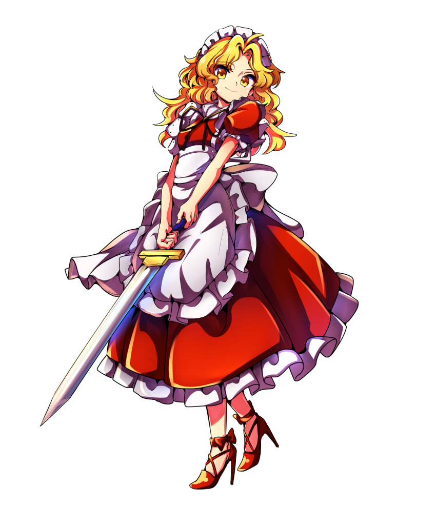 1girl ahoge apron baba_(baba_seimaijo) black_ribbon blonde_hair closed_mouth dress frilled_dress frills full_body high_heels highres holding holding_sword holding_weapon long_hair looking_at_viewer maid maid_apron maid_headdress neck_ribbon puffy_short_sleeves puffy_sleeves red_dress ribbon short_sleeves simple_background smile solo standing sword touhou touhou_(pc-98) v_arms wavy_hair weapon white_background yellow_eyes yumeko