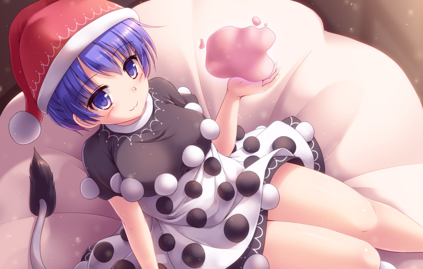1girl :3 bed_sheet blob blue_eyes blue_hair blush commentary doremy_sweet dream_soul dress eyebrows_visible_through_hair hat highres light_particles looking_at_viewer lzh multicolored multicolored_clothes multicolored_dress nightcap pom_pom_(clothes) short_hair short_sleeves solo tail tapir_tail thighs touhou