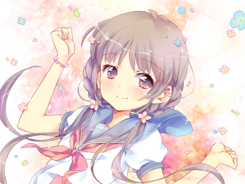 1girl bangs blue_skirt blush bracelet brown_eyes closed_mouth ech eyebrows_visible_through_hair floral_background flower grey_hair hair_flower hair_ornament jewelry long_hair looking_at_viewer low_twintails neckerchief original pleated_skirt red_neckerchief school_uniform serafuku shirt short_sleeves skirt smile solo twintails upper_body very_long_hair