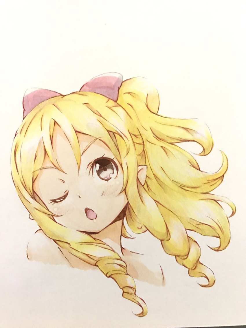 1girl blonde_hair bow brown_eyes chestnut_mouth colored_pencil_(medium) commentary_request drill_hair eromanga_sensei eyebrows_visible_through_hair face hair_bow head_tilt highres long_hair looking_at_viewer one_eye_closed open_mouth portrait red_bow sidelocks solo to_ufu@to_ufu traditional_media yamada_elf