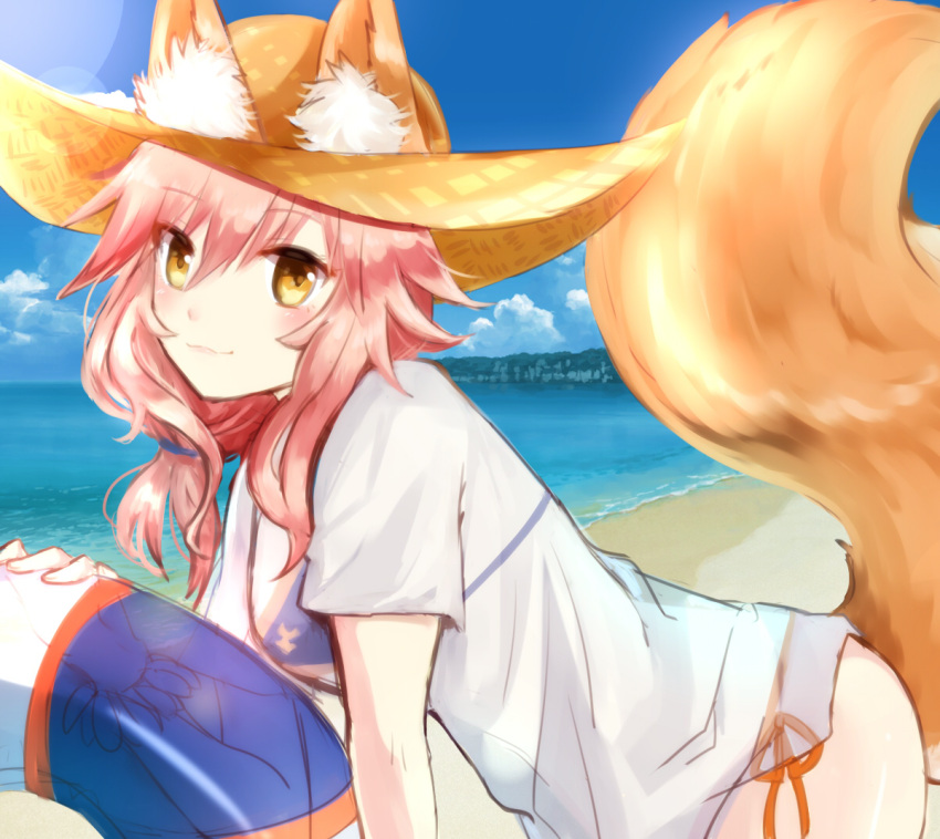1girl animal_ears bikini blue_bikini blue_sky blush breasts clouds day fate/extra fate/grand_order fate_(series) fox_ears fox_tail from_side hat innertube large_breasts long_hair looking_at_viewer ocean outdoors pink_hair ruchita see-through sketch sky solo straw_hat swimsuit tail tamamo_(fate)_(all) tamamo_no_mae_(swimsuit_lancer)_(fate) water yellow_eyes