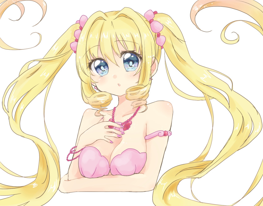 1girl blonde_hair blue_eyes bra flower hair_between_eyes hair_flower hair_ornament highres jewelry long_hair looking_at_viewer mermaid mermaid_melody_pichi_pichi_pitch monster_girl nanami_lucia pink_bra ponytail shell_necklace smiley_face underwear