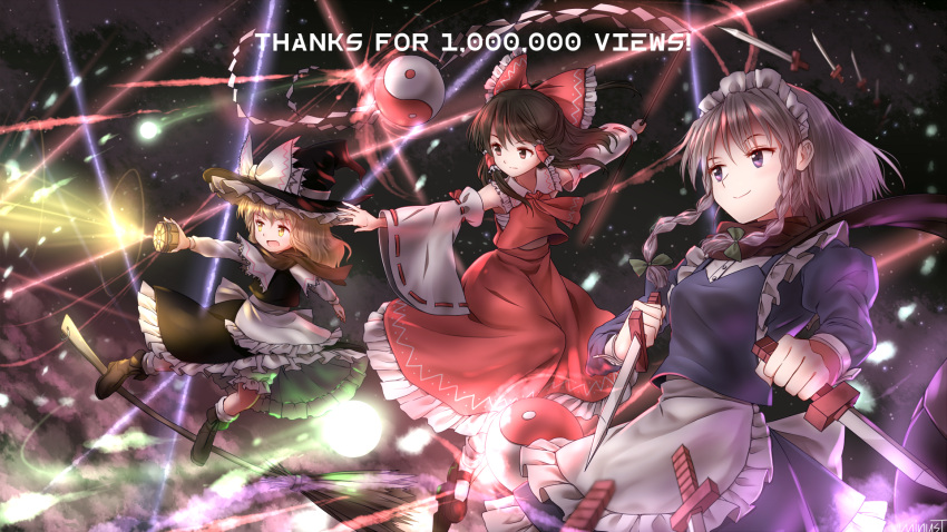 3girls apron artist_name blonde_hair bow braid broom broom_surfing brown_eyes brown_hair danmaku detached_sleeves dual_wielding english flying frilled_skirt frills gohei grey_hair hair_bow hair_tubes hakurei_reimu hat hat_bow highres hits izayoi_sakuya japanese_clothes juliet_sleeves kirisame_marisa knife laser long_hair long_sleeves maid maid_headdress miko mini-hakkero minust multiple_girls open_mouth outstretched_arm outstretched_arms perfect_cherry_blossom puffy_sleeves ribbon-trimmed_sleeves ribbon_trim sarashi scarf skirt skirt_set smile spread_arms touhou twin_braids violet_eyes waist_apron witch_hat yellow_eyes yin_yang