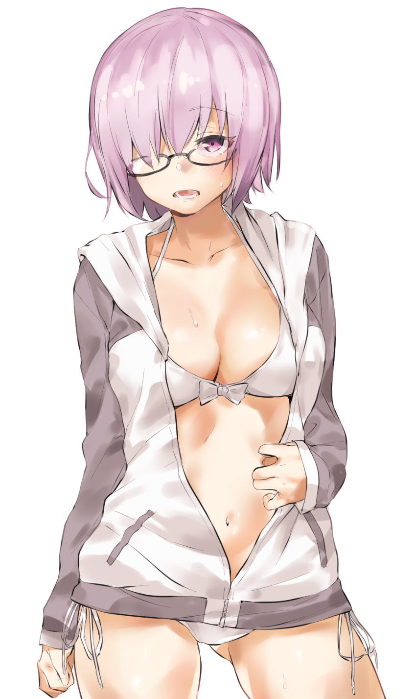 1girl alternate_costume bikini black-framed_eyewear breasts casual collarbone cowboy_shot fate/grand_order fate_(series) glasses hair_over_one_eye highres hood hooded_track_jacket jacket looking_at_viewer medium_breasts midriff open_clothes open_jacket open_mouth purple_hair shielder_(fate/grand_order) short_hair side-tie_bikini swimsuit thighs track_jacket unzipped violet_eyes white_bikini yakitomeito